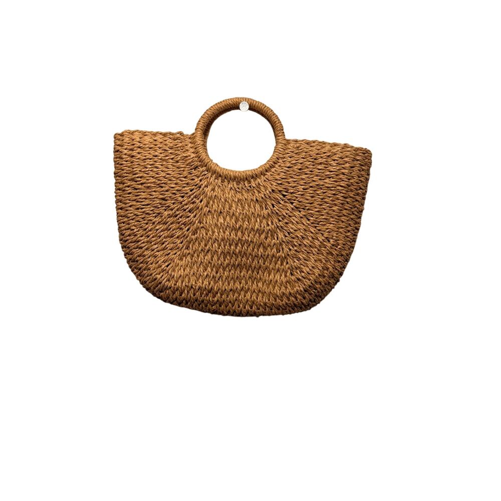 Woven Jute Straw Tote Bag Brown Top Handle Lined Beige Drawstring Pouch UnUsed
